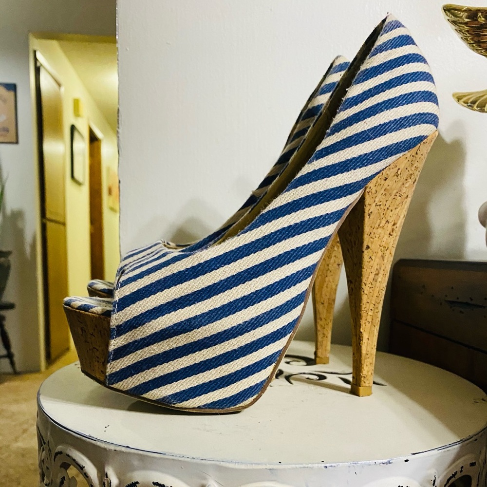 Just fab Blue and cream cork heels size 8